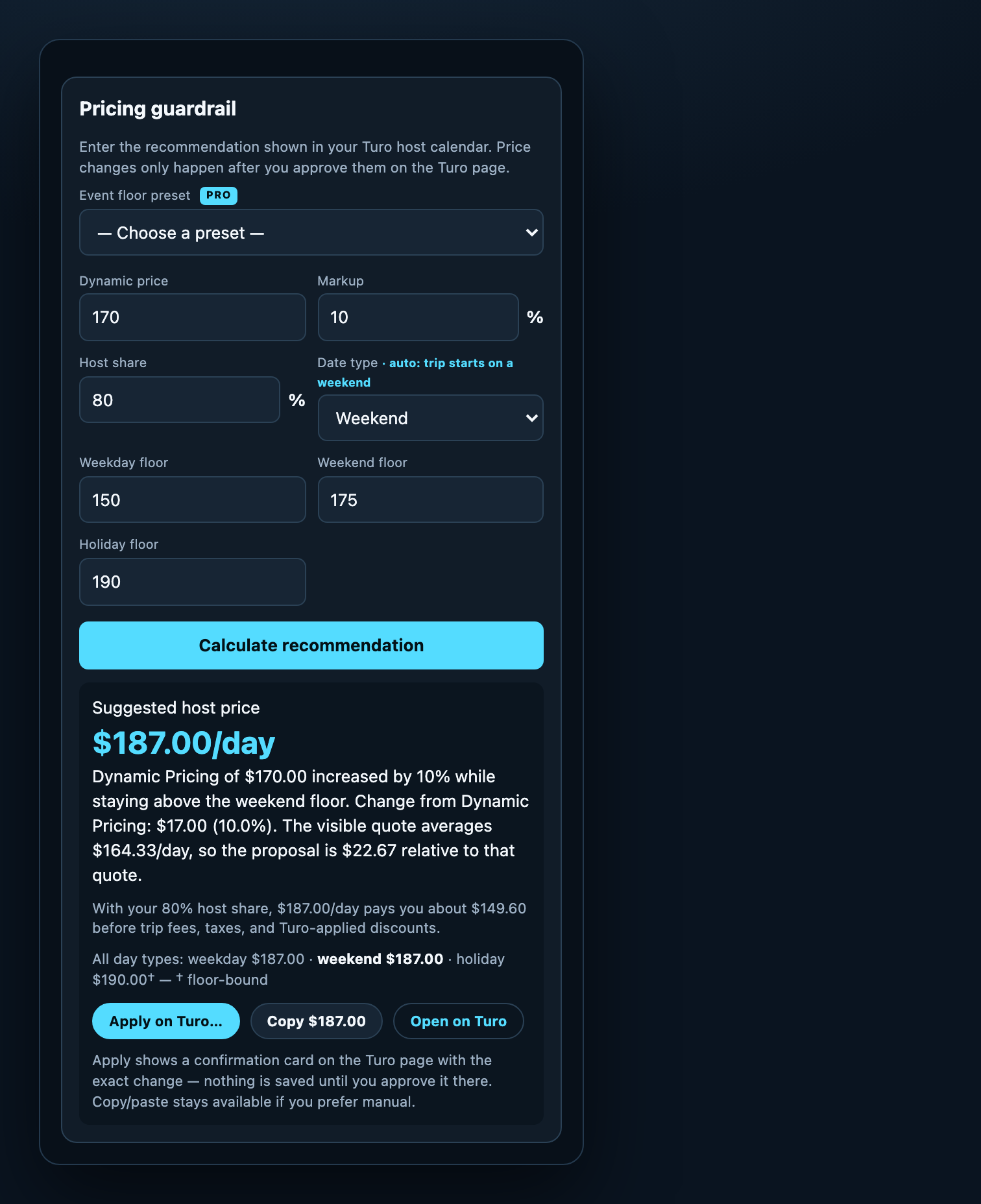 The pricing guardrail with a suggested host price of $187.00/day and a plain-English explanation.